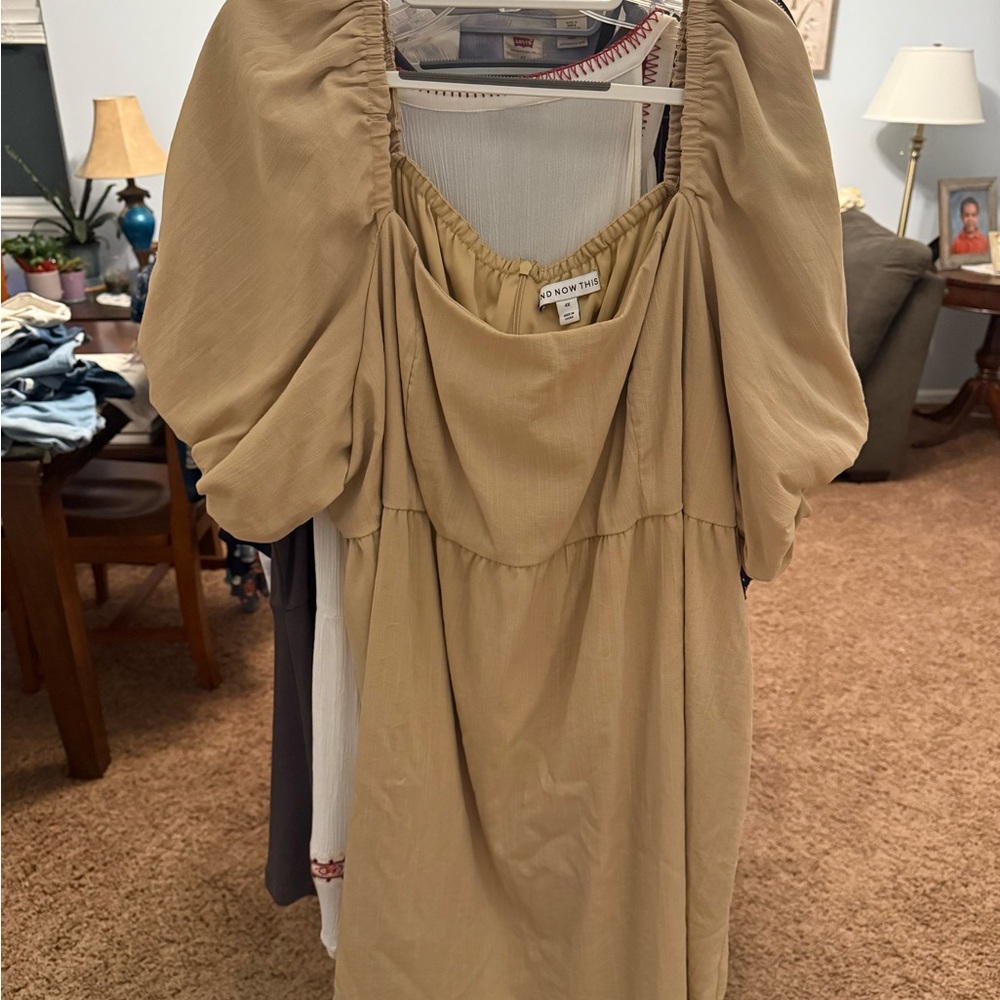 Tan Puff Sleeve off the shoulder Dress